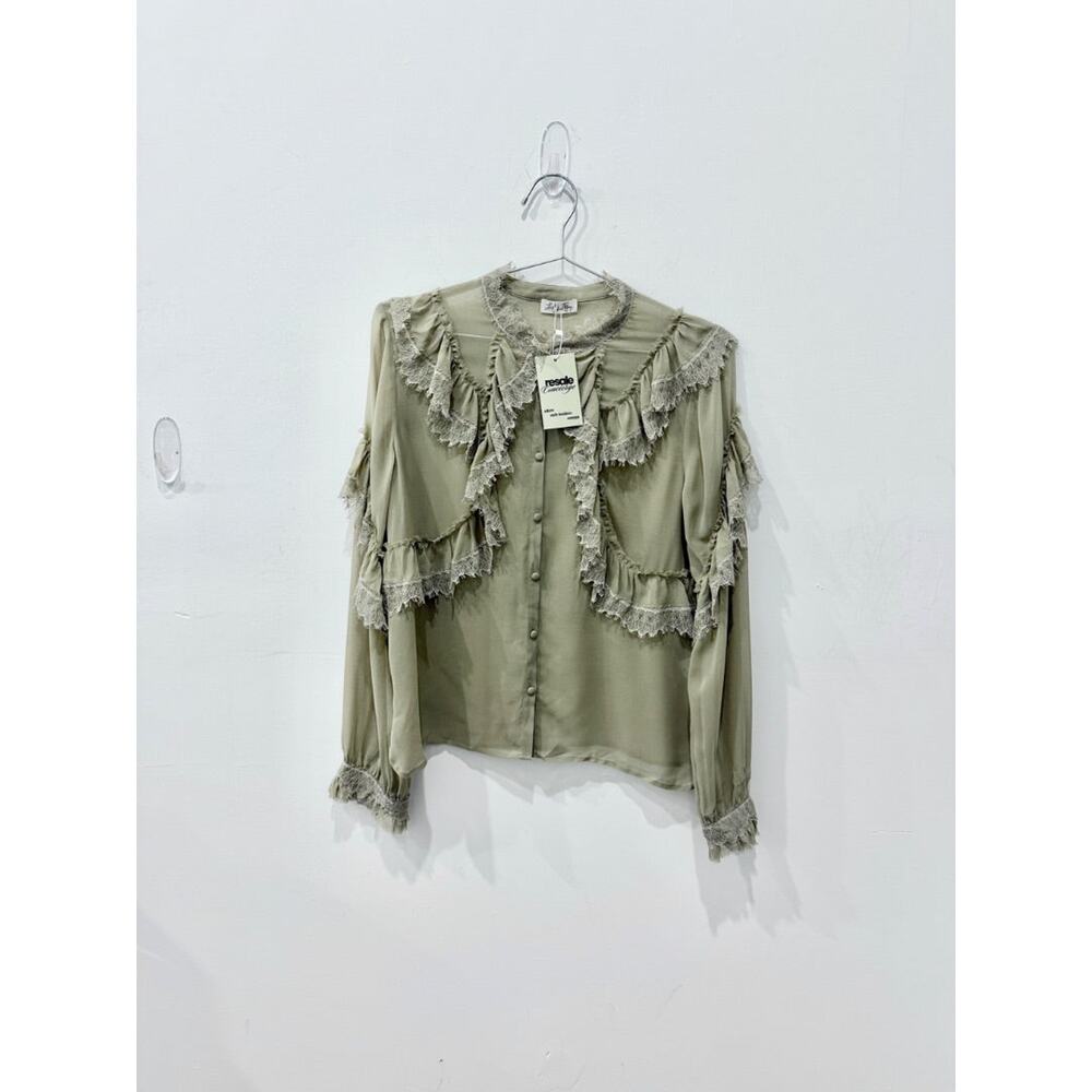 LoveShackFancy Ruffle Lace Trim Clara Silk Blouse Raffia Brown Womens Sze Medium - Picture 2 of 5